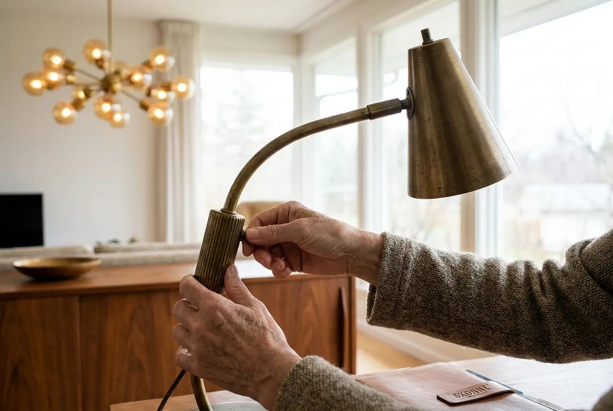 Hands adjusting brass mid-century modern living room lighting fixture
