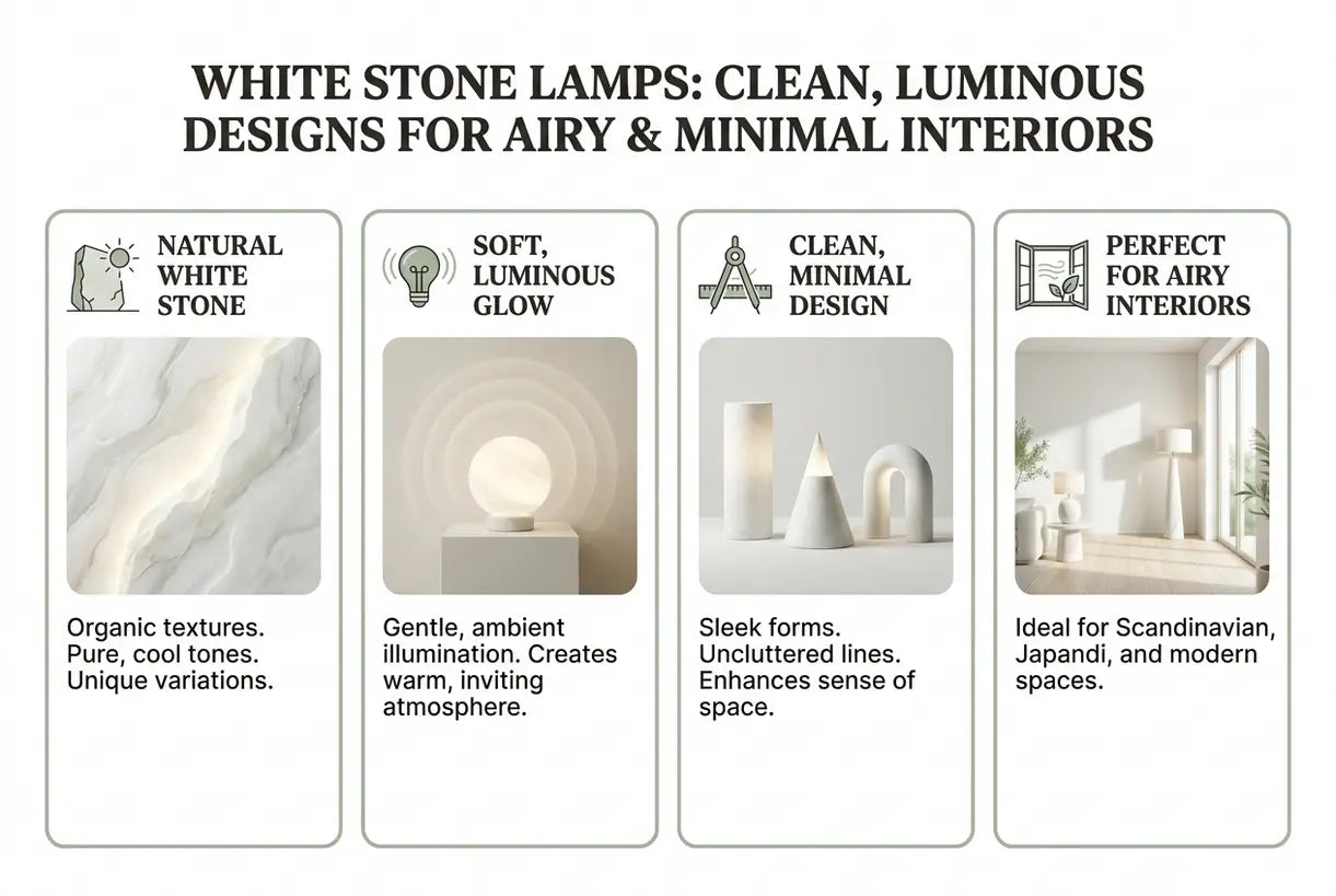 Witte stenen lampen: schone, lichtgevende ontwerpen voor luchtige & minimale interieurs - infographic