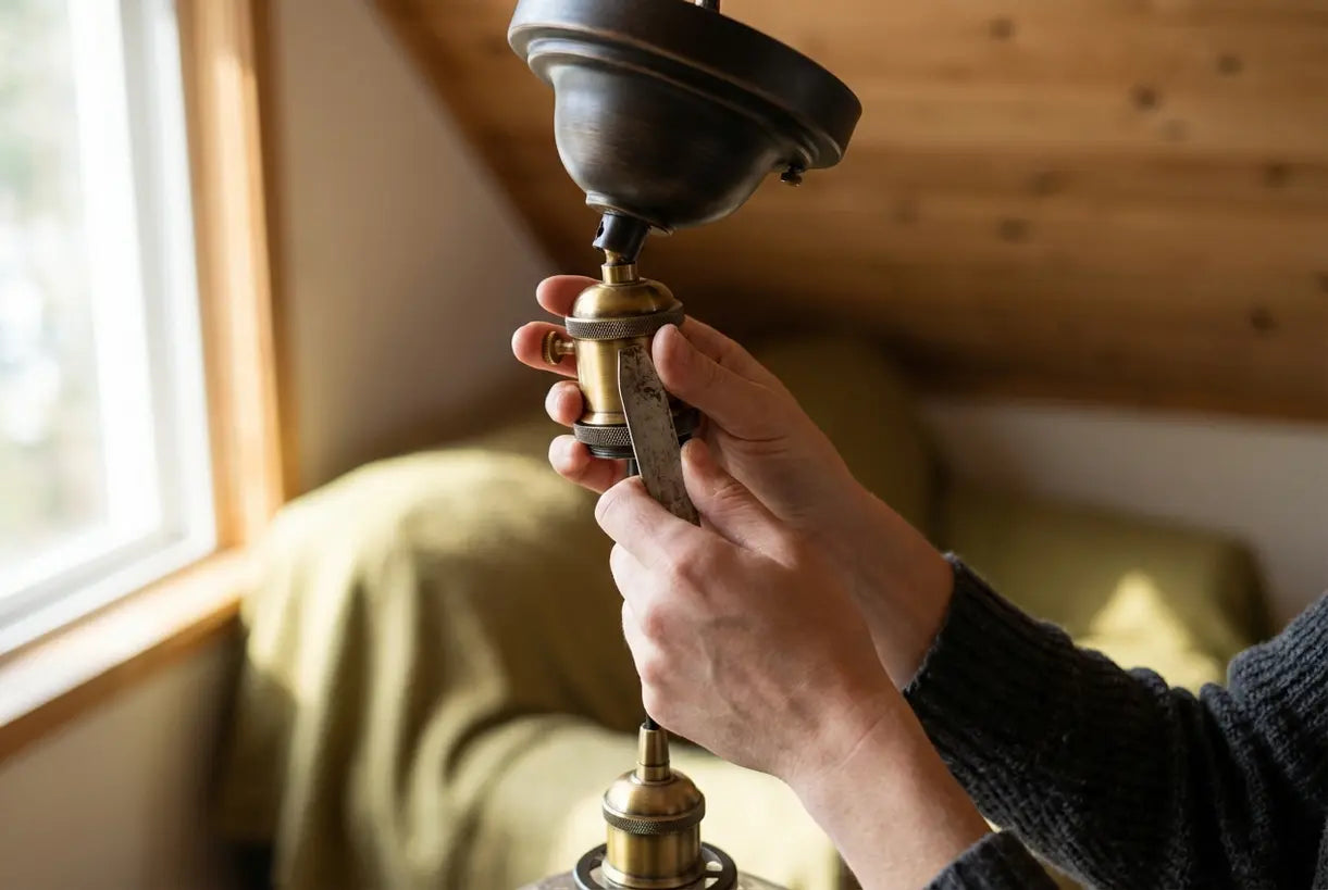 Handen stellen de draaibare plafondkap-adapter van een hanglamp bij op een schuin plafond