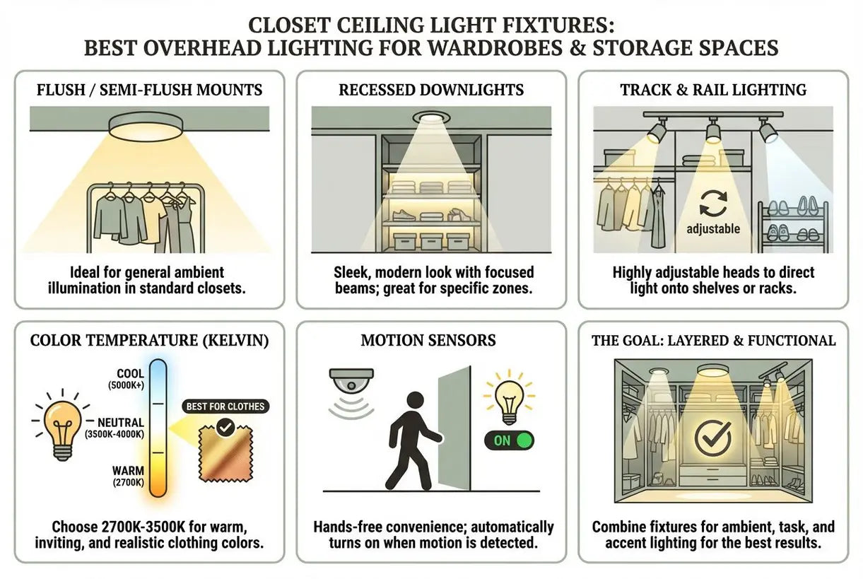 Plafondarmaturen voor kasten: beste plafondverlichting voor kledingkasten & opbergruimtes - infographic