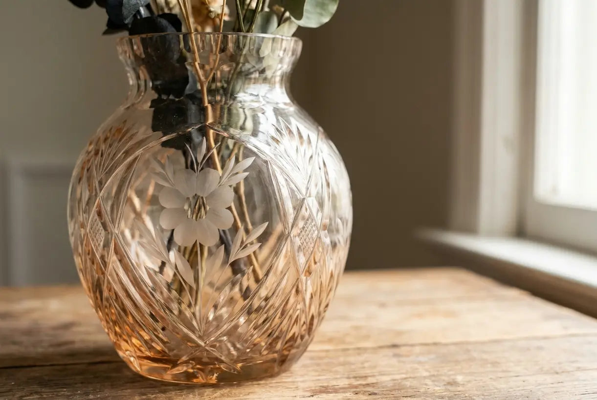 Nahaufnahme einer Vase aus geätztem Glas, die aufwendige handwerkliche Textur und geschliffene Muster zeigt