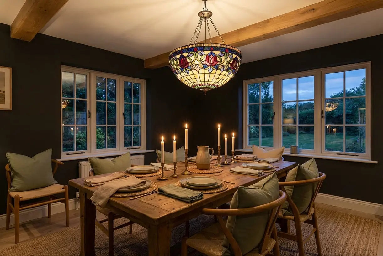 Stained glass Tiffany chandelier illuminating a Scandinavian dining room with warm ambient light