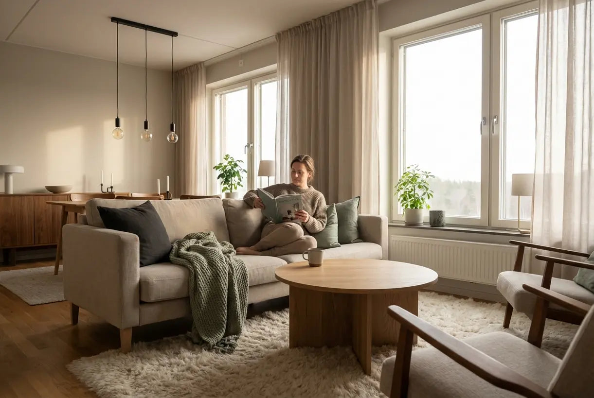Vrouw leest op neutrale bank in lichte Scandinavische woonkamer met natuurlijk hout en gezellige textiel
