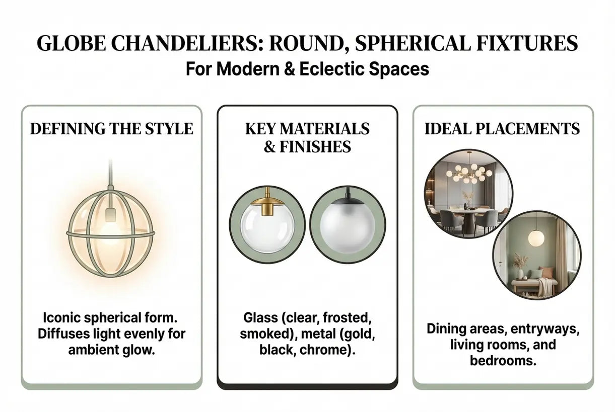 Globe Chandeliers: Round, Spherical Fixtures for Modern & Eclectic Spaces - infographic