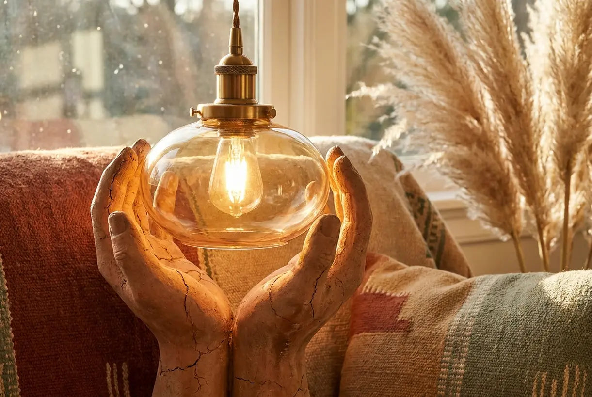 Southwest home decor terracotta pottery and warm amber lighting detail
