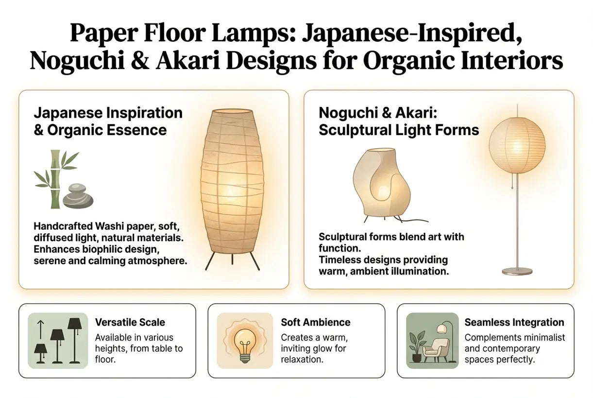 Papieren vloerlampen: Japans geïnspireerde ontwerpen in Noguchi- en Akari-stijl voor een organisch interieur - infographic