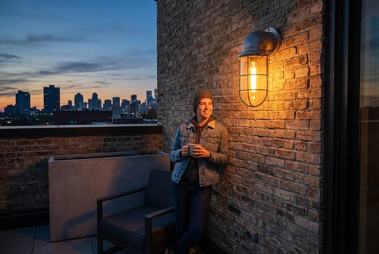 Industriële buitenwandlamp verlicht in de schemering de gevel van een moderne stadswoning