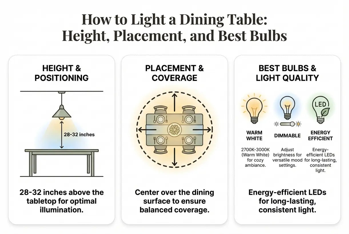How to Light a Dining Table: Height, Placement, and Best Bulbs - infographic