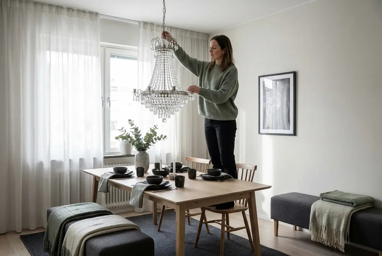Moderne Scandinavische eetkamer met verlichte kristallen kroonluchter, vrouw die armatuur op natuurlijke wijze aanpast