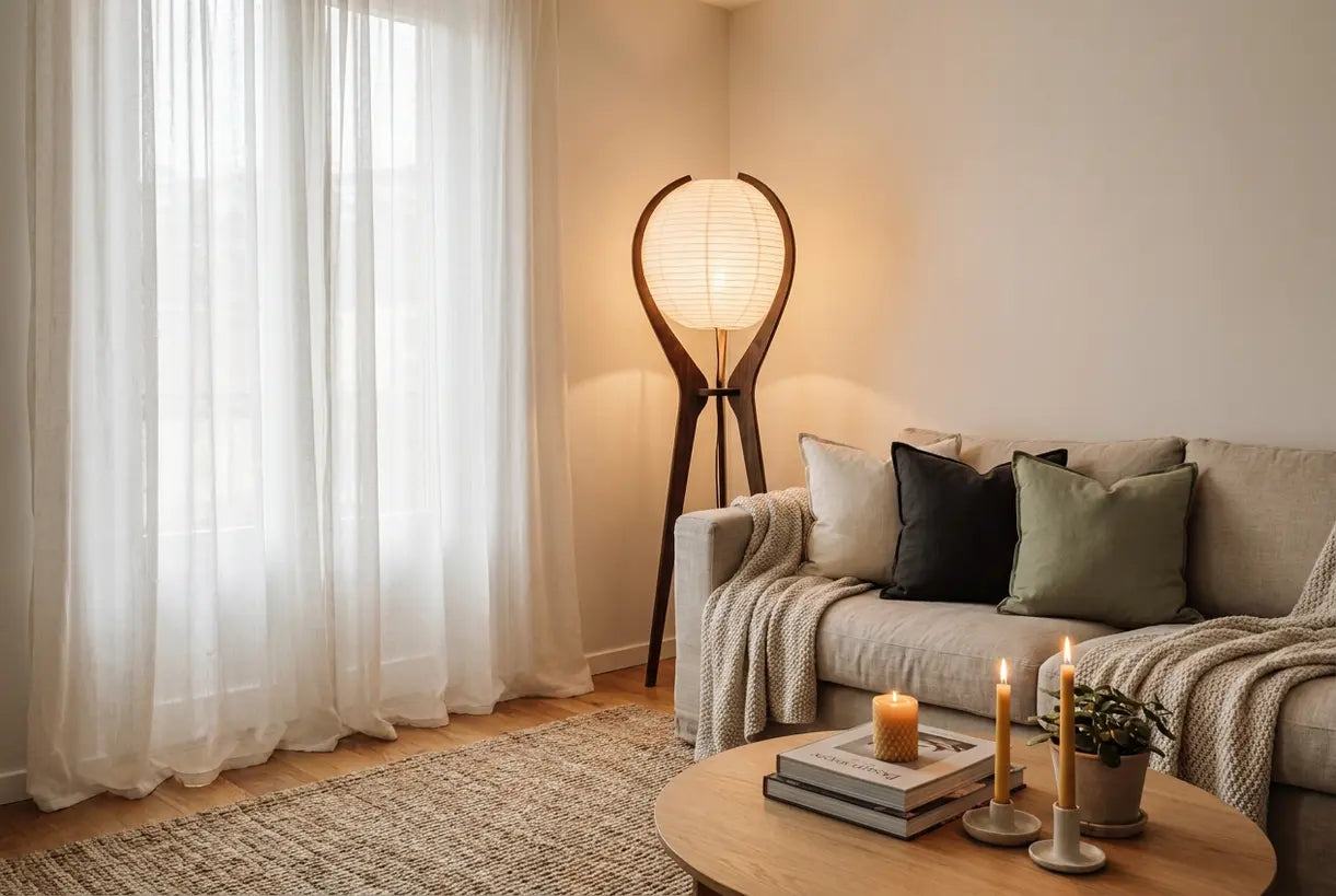 Cozy Scandinavian living room corner with floor lamp and neutral sofa decor ideas