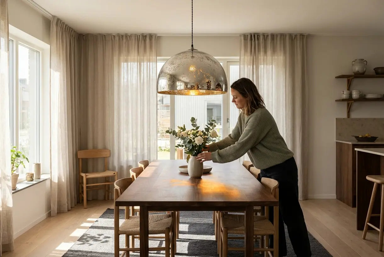 Kwartszilveren hanglamp die een elegante Scandinavische eetkamer verlicht met vintage glamour