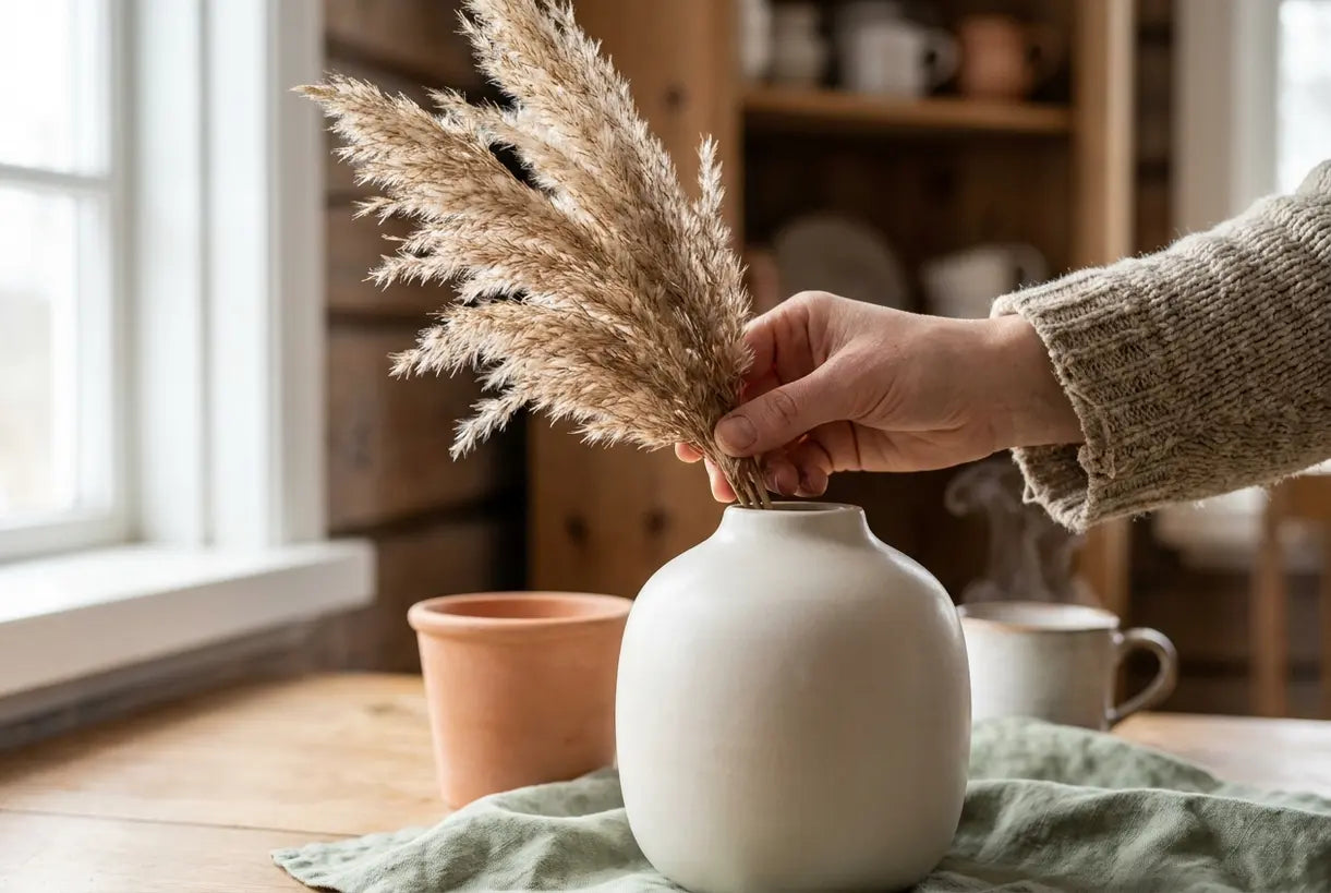 Hände arrangieren Trockenblumen in einer handgefertigten Porzellanvase, die Keramiktextur und skandinavische Heimdekoration zeigt.