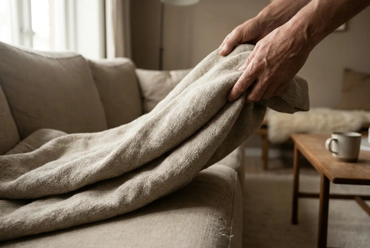 Hands styling linen throw blanket on sofa with soft natural light
