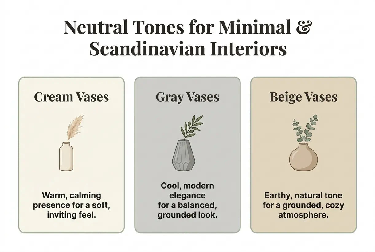 Blumenvasen in Creme, Grau und Beige: neutrale Töne für minimalistische und skandinavische Interieurs - Infografik