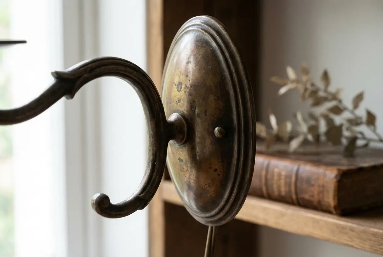 Nahaufnahme einer Wandleuchte aus antikem Messing mit warmer Patina und klassischer Metallverarbeitung