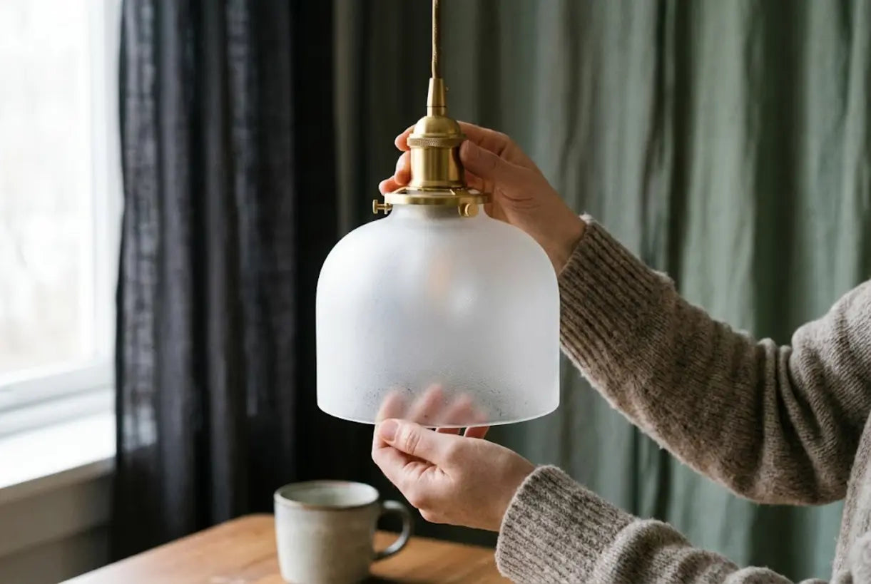 Close-up van handen die een kap van een pendellamp van mat glas aanpassen in een Scandinavisch ingerichte eetkamer.