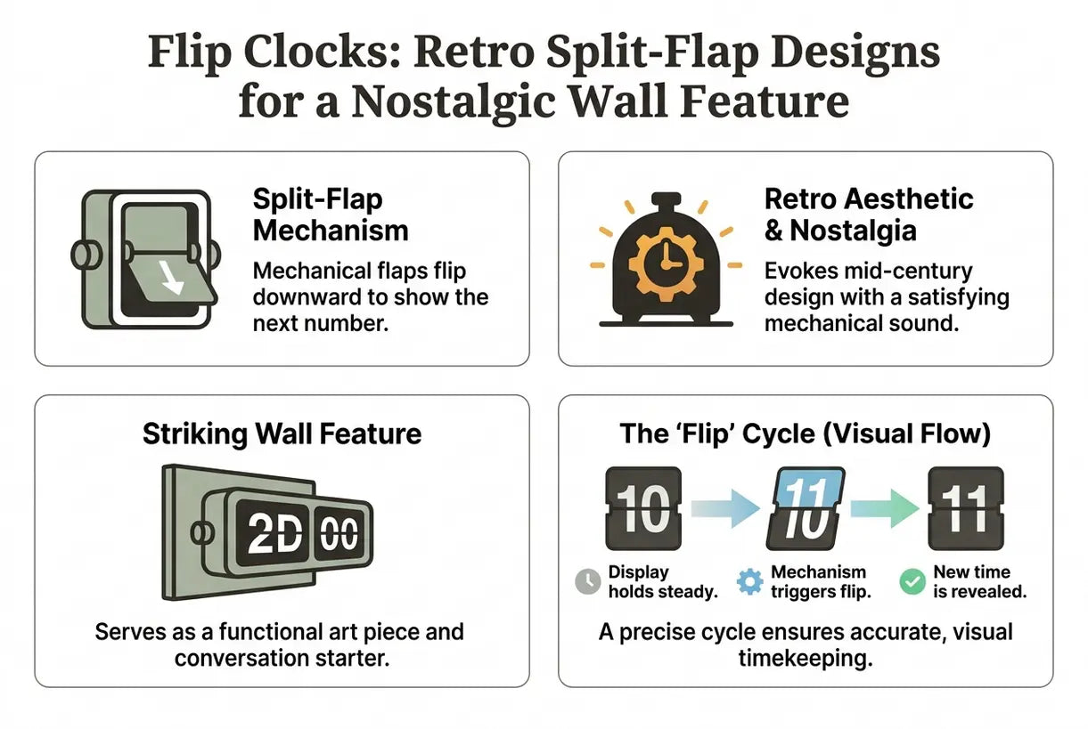 Flip Clocks: Retro Split-Flap Designs für ein nostalgisches Wandelement - Infografik