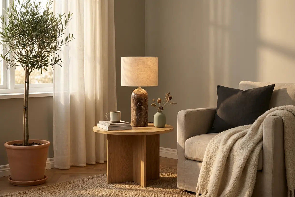 Tafellamp van bruin marmer in een knusse Scandinavische woonkamer