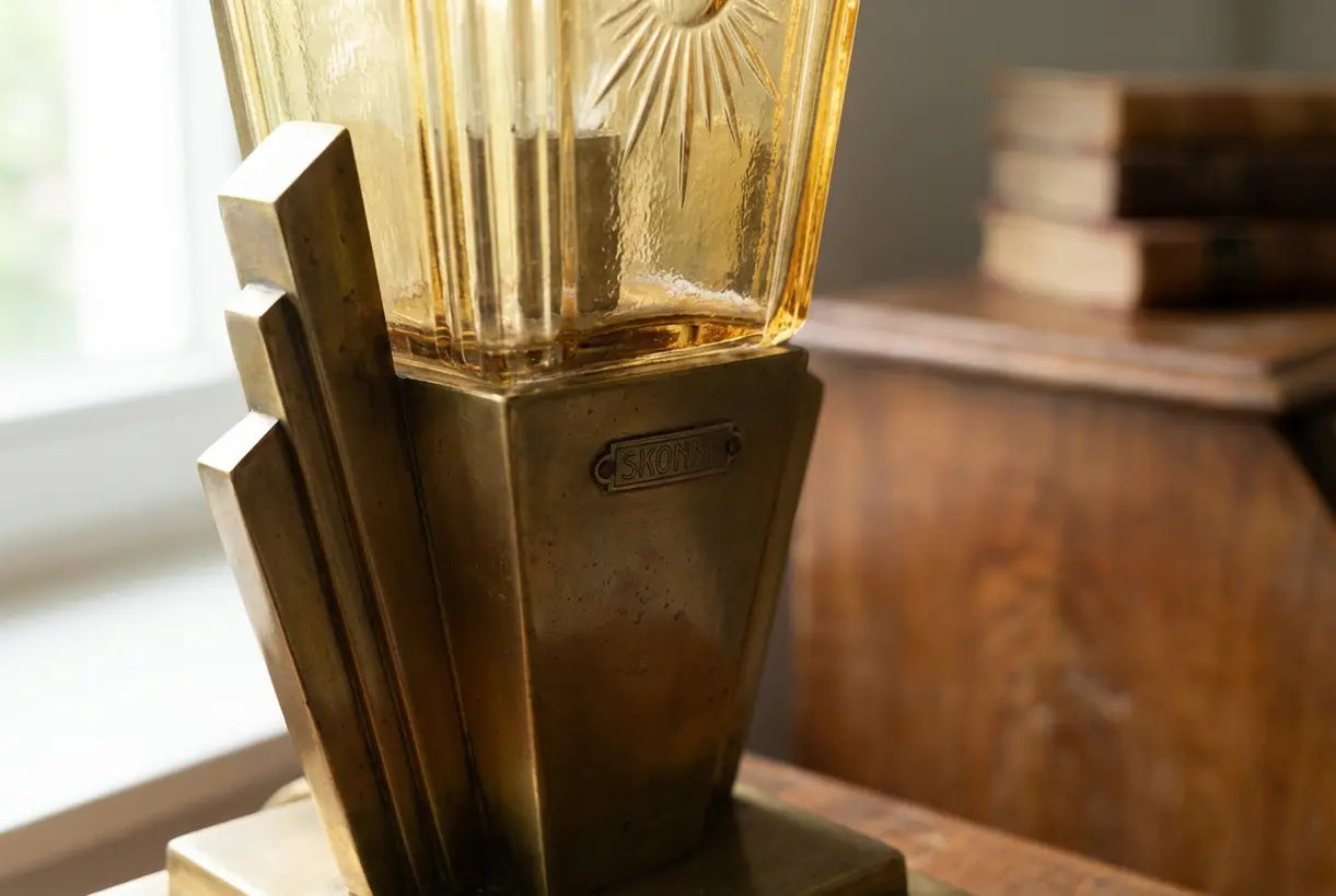 Art Deco tafellamp met geometrische messing details close-up