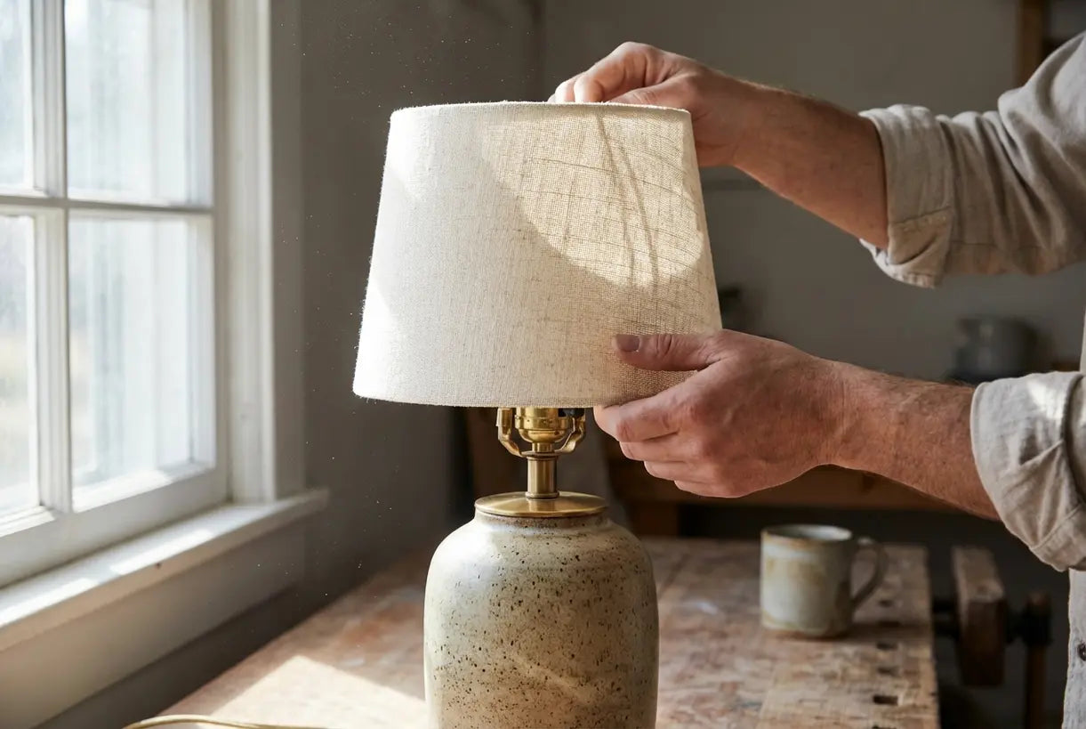 Ambachtelijke handen die een keramische tafellampenkap aanpassen met natuurlijke verlichting