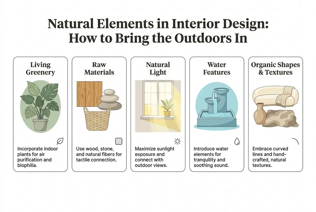 Natural Elements in Interior Design: How to Bring the Outdoors In - infographic