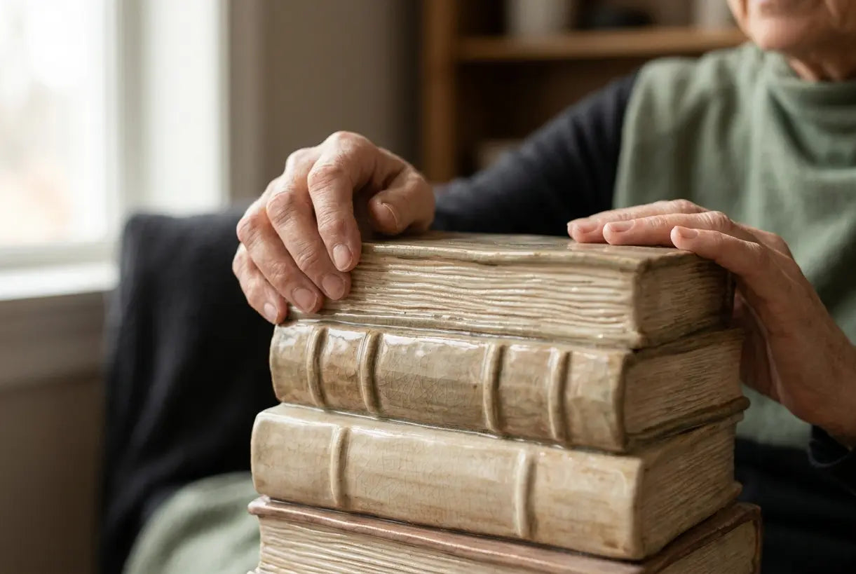 Hands holding ceramic book vase showing detailed craftsmanship