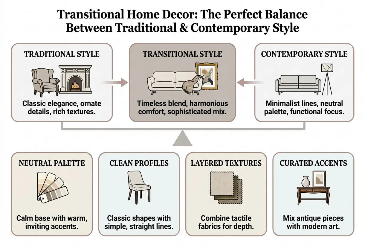 Transitional Home Decor: The Perfect Balance Between Traditional & Contemporary Style - infographic