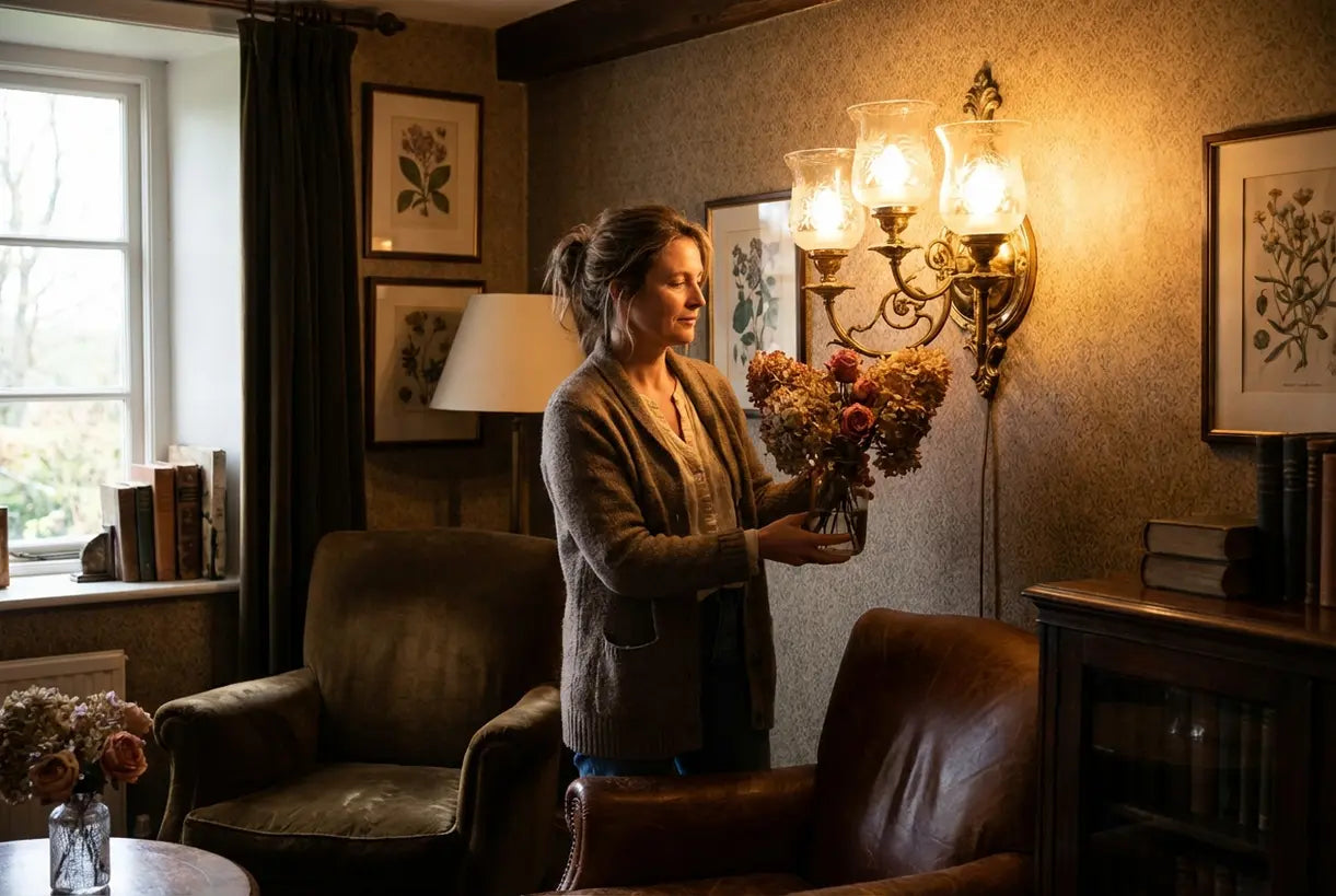 Victoriaanse wandlamp in een elegant interieur in historische stijl met warm sfeerlicht