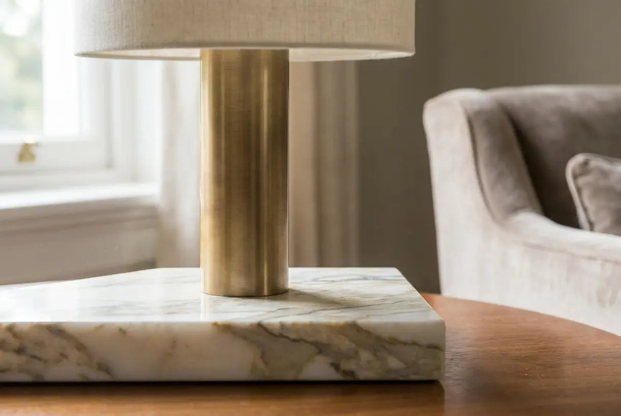 Goudmarmeren lampvoet met natuurlijke adering en messing metallic afwerking detail