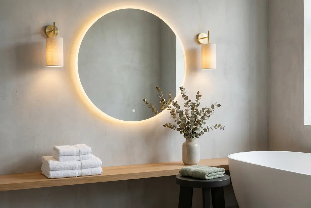 Scandinavisch badkamerinterieur met gelaagde verlichting en LED-achtergrondverlichting spiegel