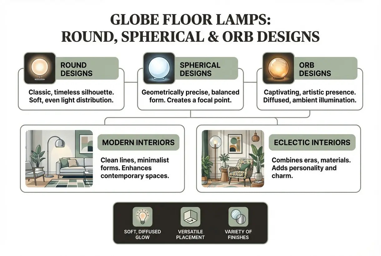 Bolvormige vloerlampen: ronde ontwerpen voor moderne en eclectische interieurs - infographic
