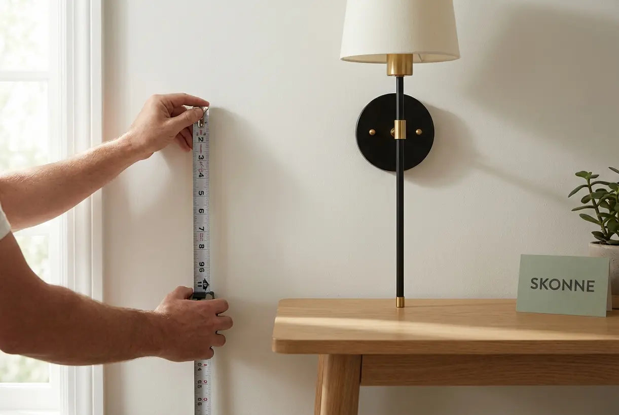 Handen meten wandlamp hoogte met meetlint dat 66 inch vanaf de vloer aangeeft