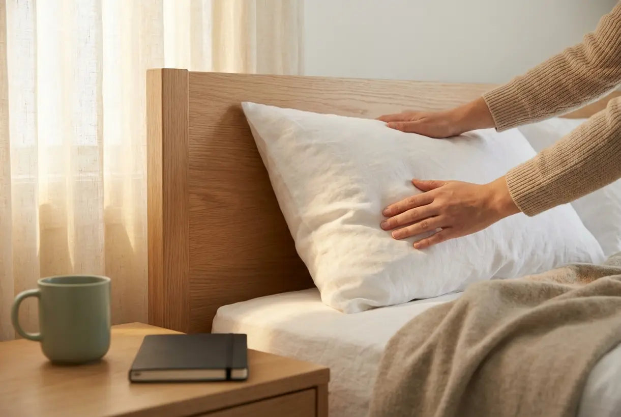 Hands arranging crisp white linen pillow on natural wood headboard in scandinavian bedroom design setting with soft natural light