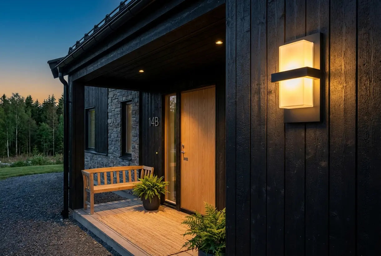 Moderne buitenwandlamp die Scandinavische voordeur verlicht in de schemering