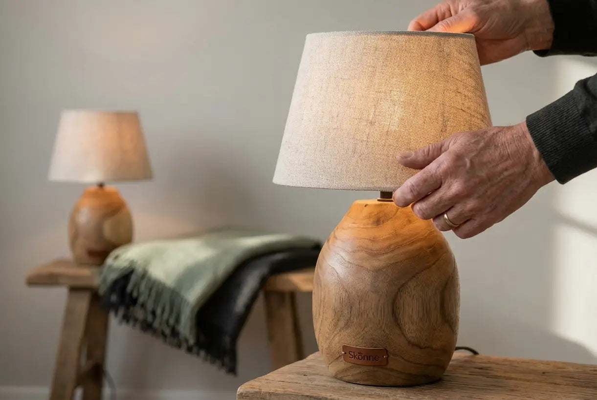 Handen passen linnen lampenkap aan op houten vloerlampvoet, Scandinavisch design