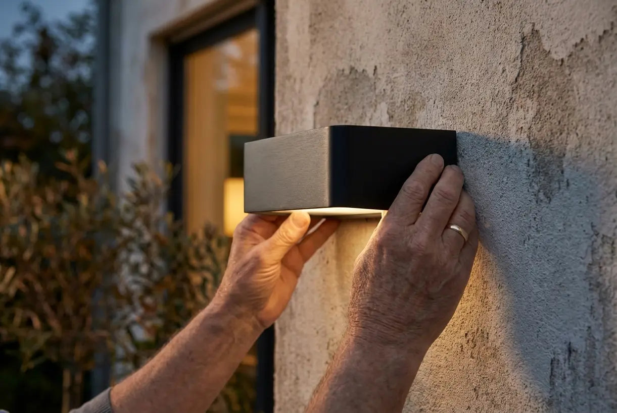 Handen installeren inbouw wandlamp voor buiten op veranda exterieur