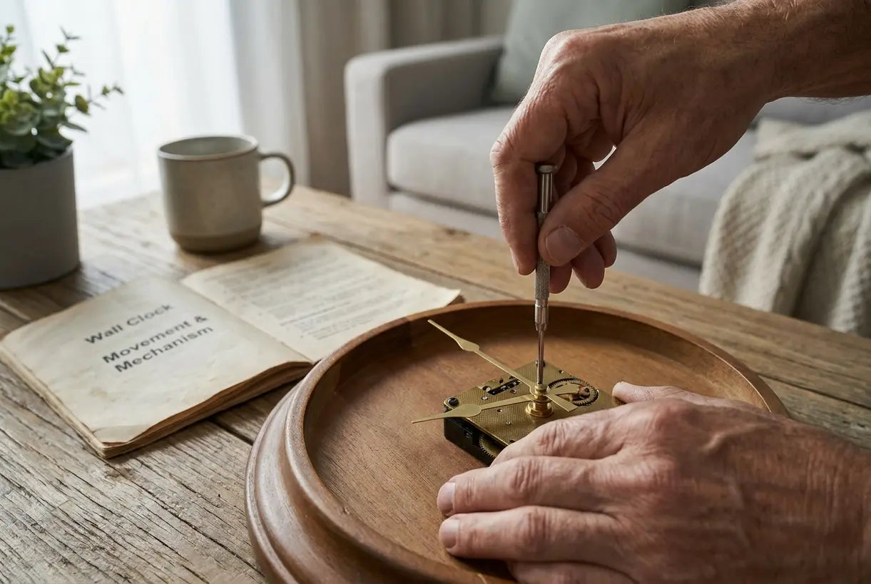 Hands replacing wall clock mechanism with precision screwdriver tool