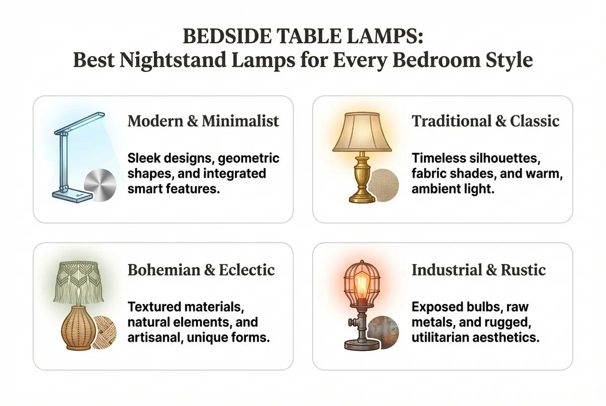 Nachtkastjeslampen: de beste lampen voor op het nachtkastje in elke slaapkamerstijl - infographic