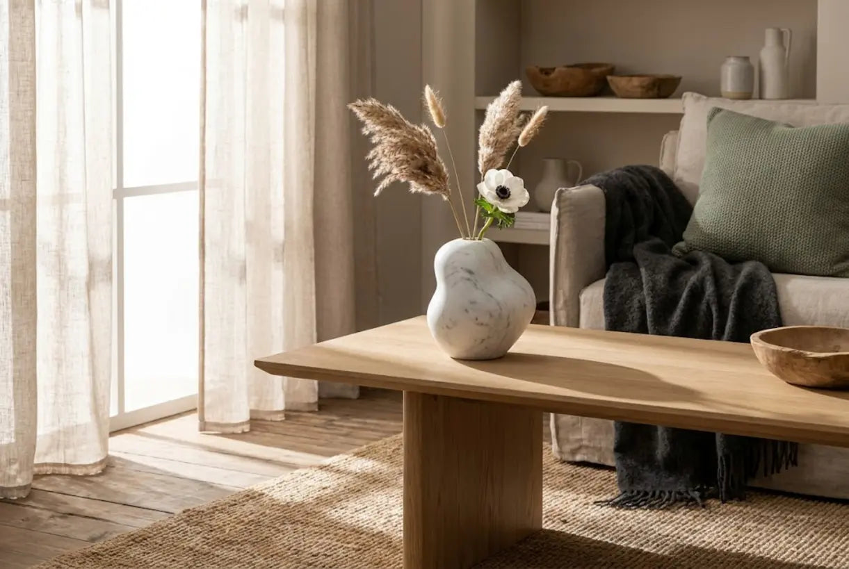Elegante weiße Marmorblumenvase im skandinavischen Interieur mit minimalistischem Blumenarrangement