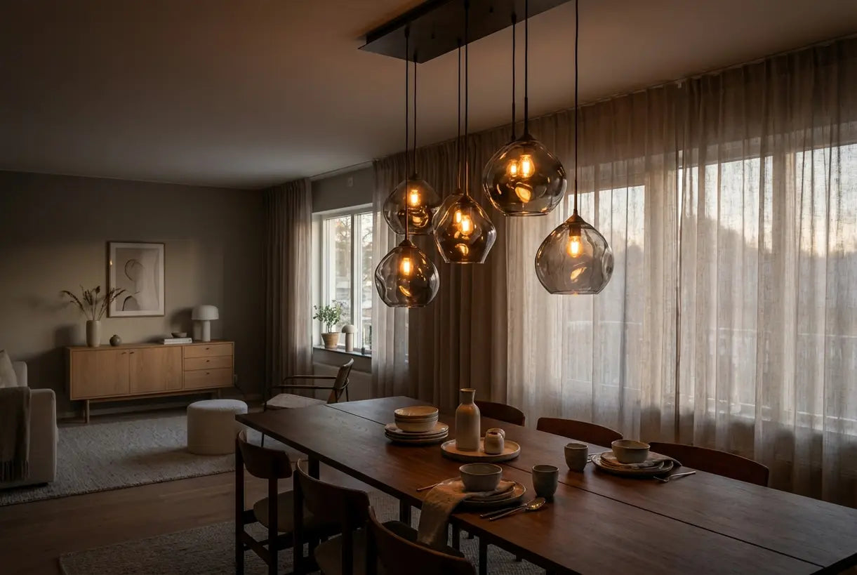 Groep hanglampen van rookglas boven een moderne Scandinavische eetkamer