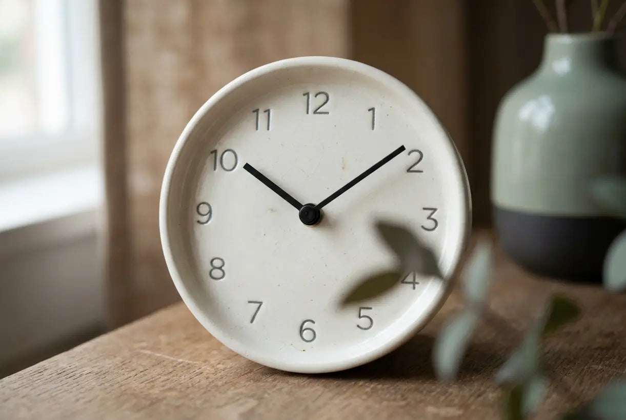 Close-up detail of a small decorative ceramic clock face with minimalist dial and slender hands, soft natural window light creating gentle shadows on textured white surface
