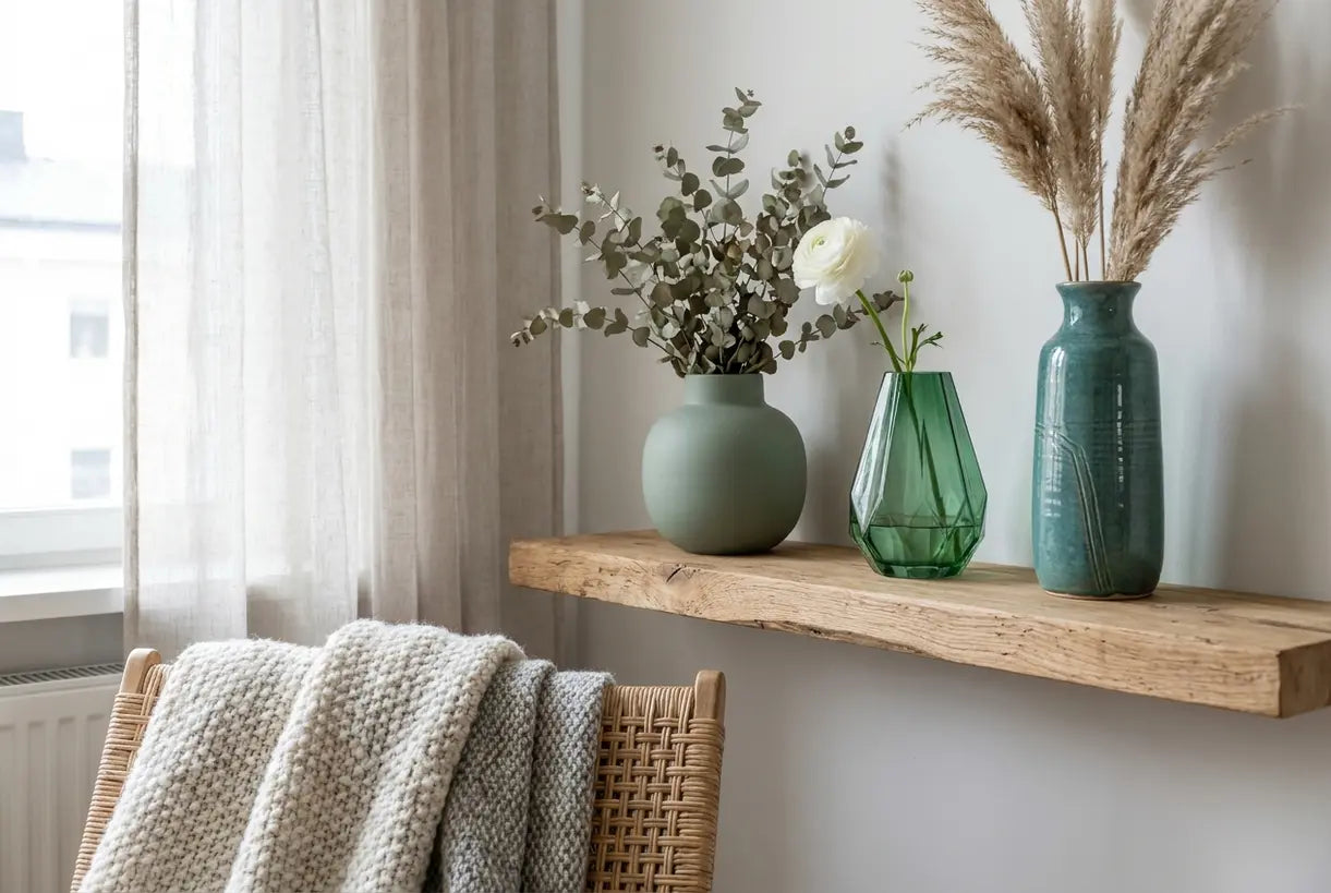 Scandinavische woonkamerplank gestyled met salie, smaragd en tealgroene bloemen vazen in natuur-geïnspireerde arrangement