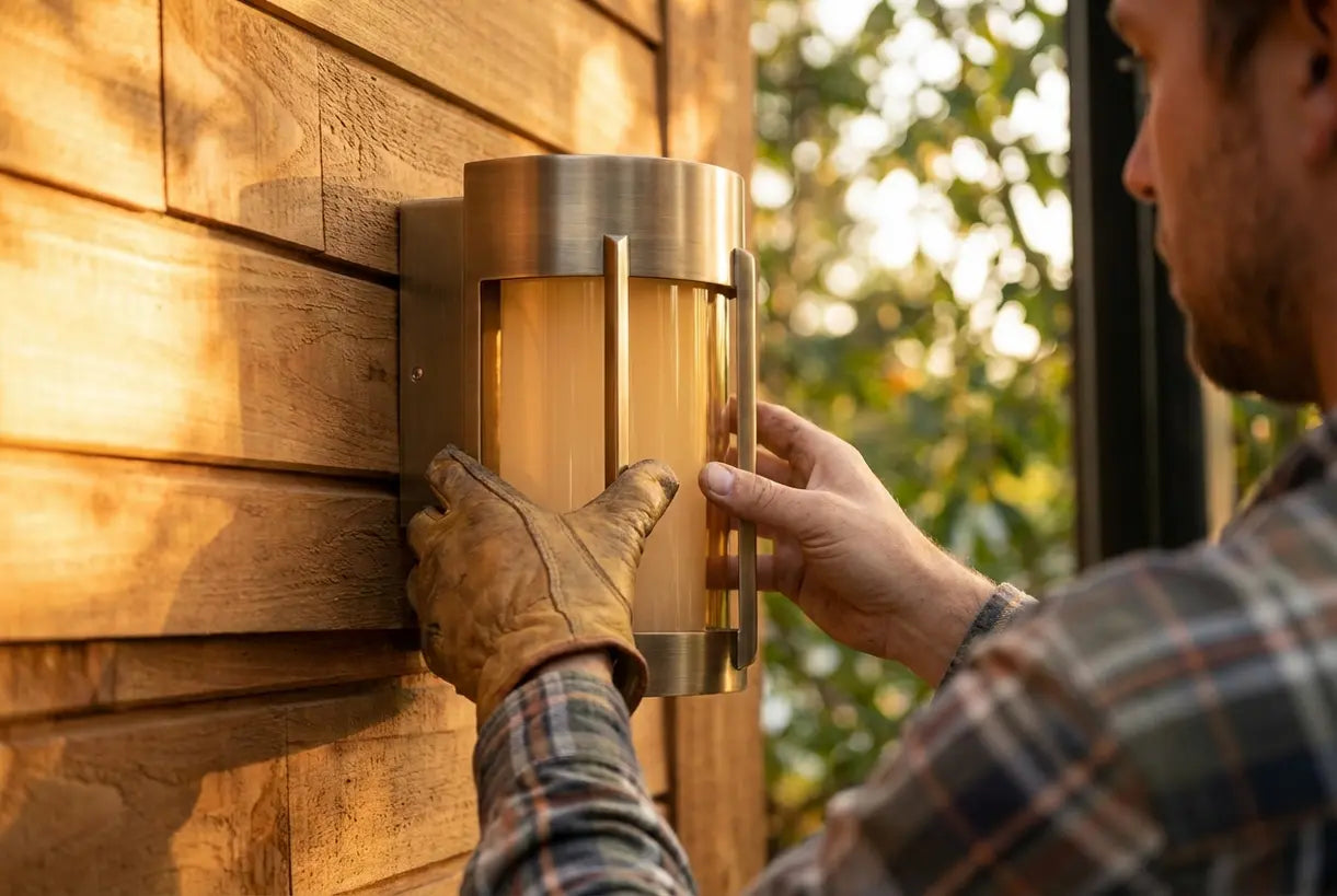 Close-up van handen die een Scandinavische buitenwandlamp monteren op een warme houten gevelbekleding