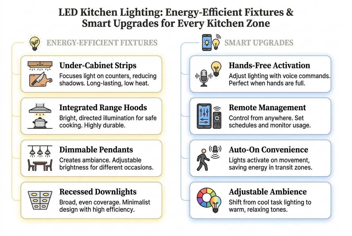 LED Kitchen Lighting: Energy-Efficient Fixtures & Smart Upgrades for Every Kitchen Zone - infographic