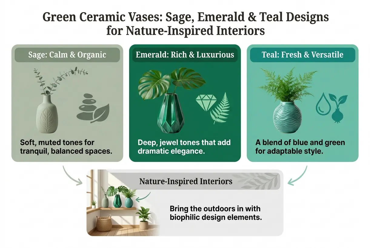 Grüne Keramikvasen: Salbei, Smaragd & Türkis Designs für naturinspirierte Interieurs - Infografik