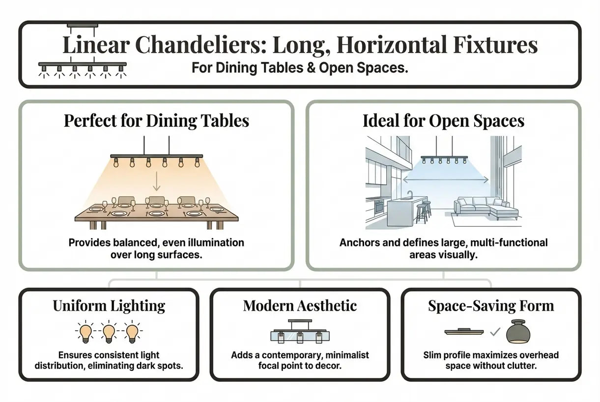 Lineaire Kroonluchters: Lange, Horizontale Armaturen voor Eettafels & Open Ruimtes - infographic