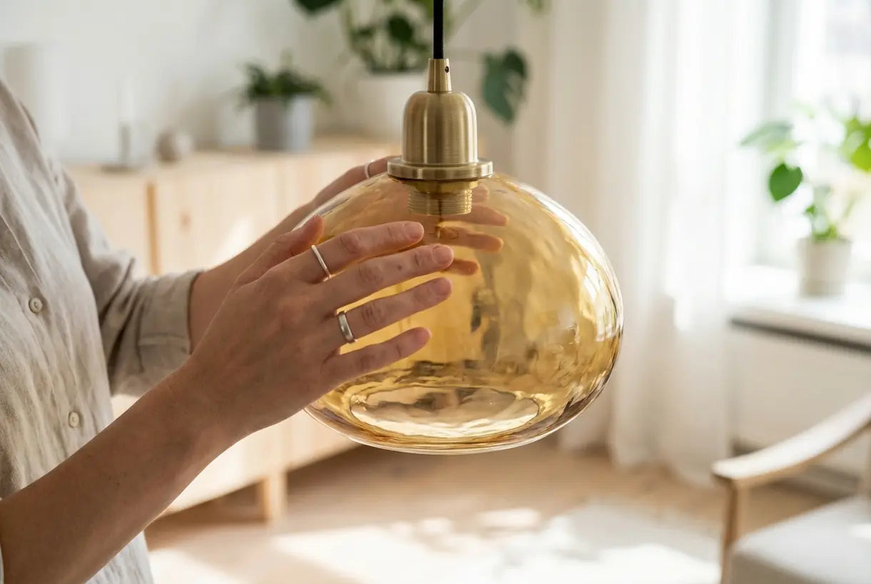 Close-up van amberkleurige hanglamp met gouden warme tinten in Scandinavisch interieur