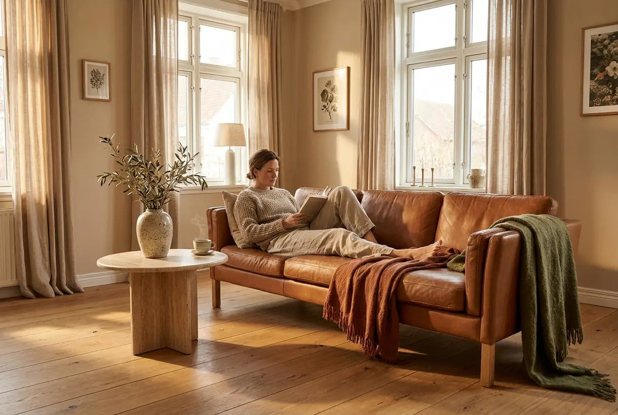 Scandinavian living room decorated with earthy tones and natural materials