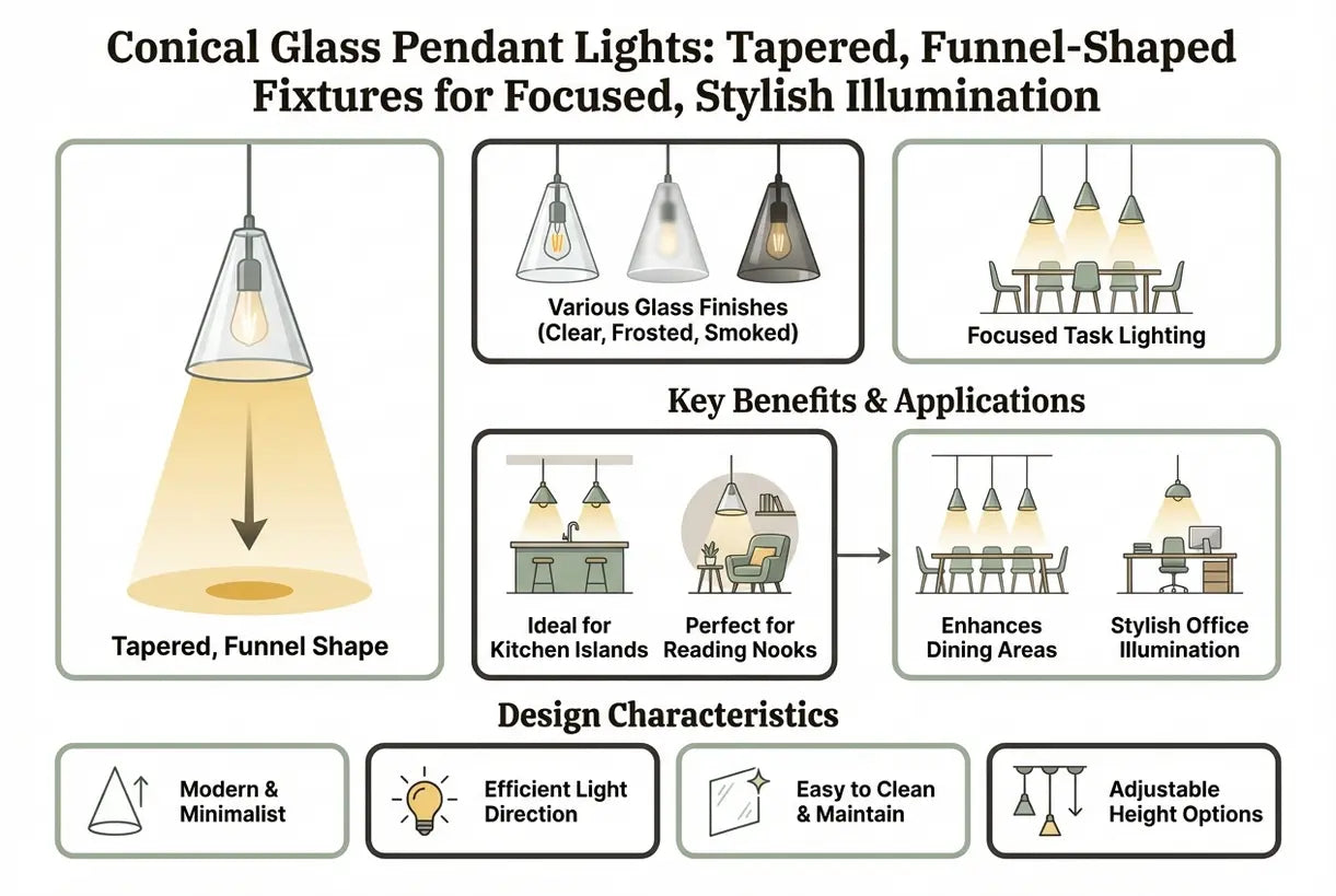 Conische Glazen Hanglampen: Taps Toelopende, Trechtervormige Armaturen voor Gerichte, Stijlvolle Verlichting - infographic