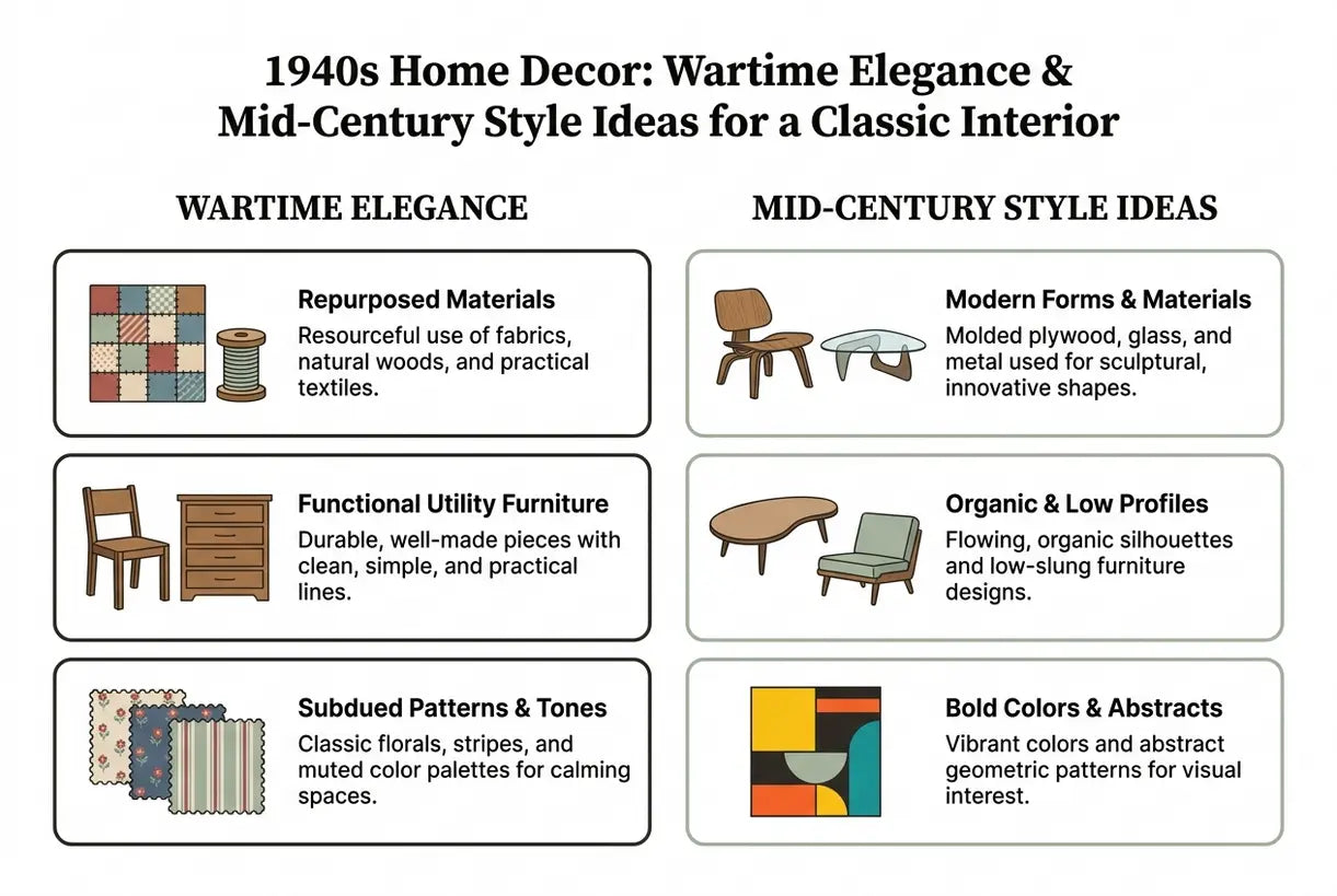 1940s Home Decor: Wartime Elegance & Mid-Century Style Ideas for a Classic Interior - infographic